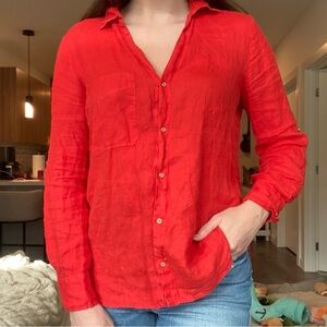 Zara Red 100% Linen Button Down Top